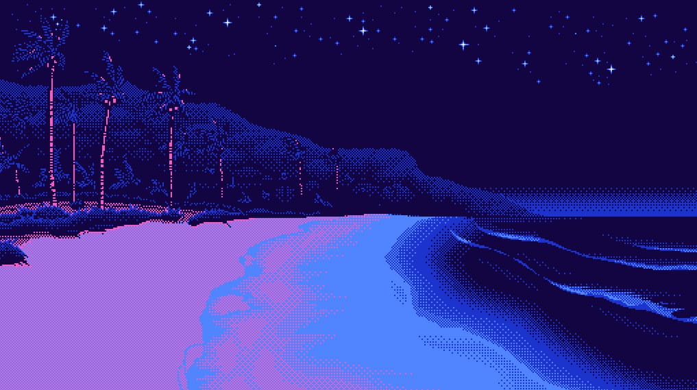 Vaporwave beach pixel art cover
